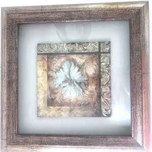 Floral Wall Art Matted Framed Gold Brown Blue With Golden Wooden Frame 10" X 10"
